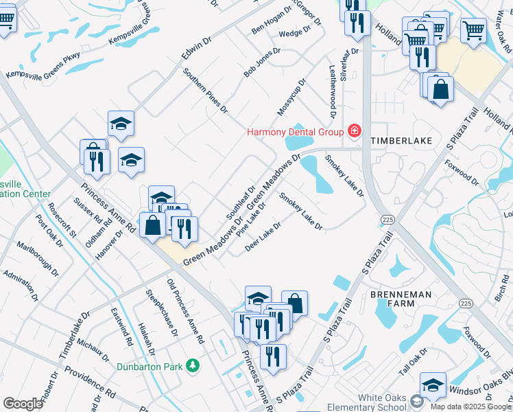 map of restaurants, bars, coffee shops, grocery stores, and more near 724 Southleaf Drive in Virginia Beach