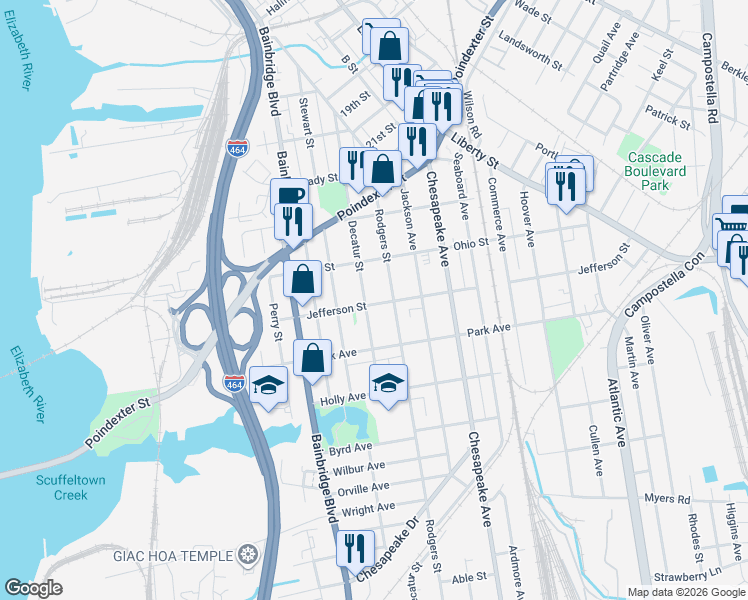 map of restaurants, bars, coffee shops, grocery stores, and more near 1229 Decatur Street in Chesapeake