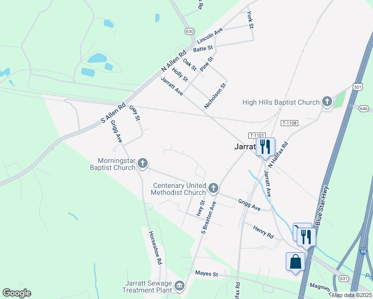 map of restaurants, bars, coffee shops, grocery stores, and more near 227 Park Street in Jarratt