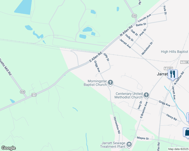 map of restaurants, bars, coffee shops, grocery stores, and more near 261 Grigg Avenue in Jarratt