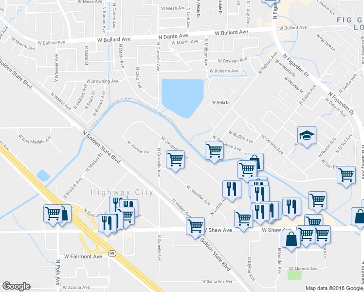 map of restaurants, bars, coffee shops, grocery stores, and more near 4726 West Jacquelyn Avenue in Fresno