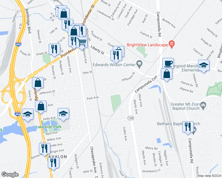 map of restaurants, bars, coffee shops, grocery stores, and more near 1323 Hoover Avenue in Chesapeake