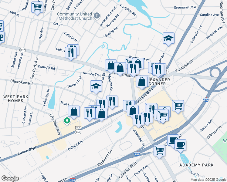 map of restaurants, bars, coffee shops, grocery stores, and more near 15 Mohawk Drive in Portsmouth