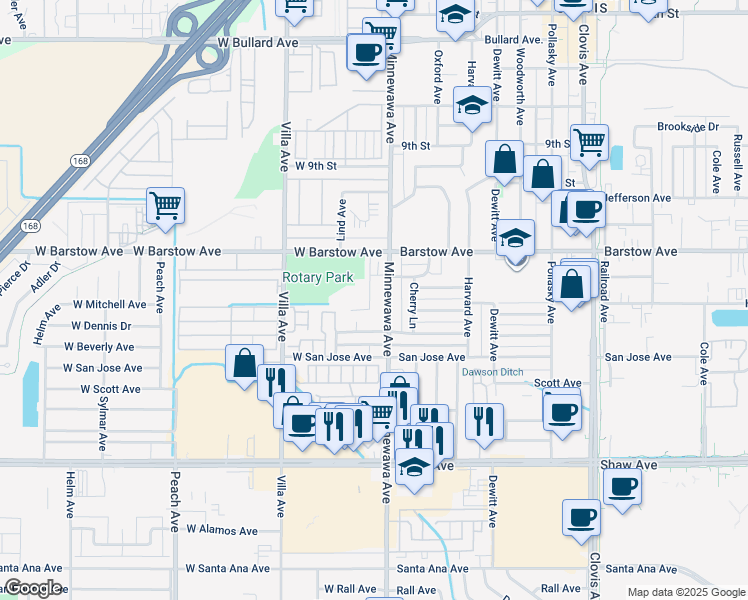map of restaurants, bars, coffee shops, grocery stores, and more near 1300 Minnewawa Avenue in Clovis