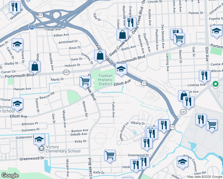 map of restaurants, bars, coffee shops, grocery stores, and more near 2341 Elliott Avenue in Portsmouth