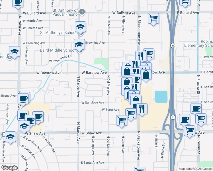 map of restaurants, bars, coffee shops, grocery stores, and more near 5334 North Del Mar Avenue in Fresno