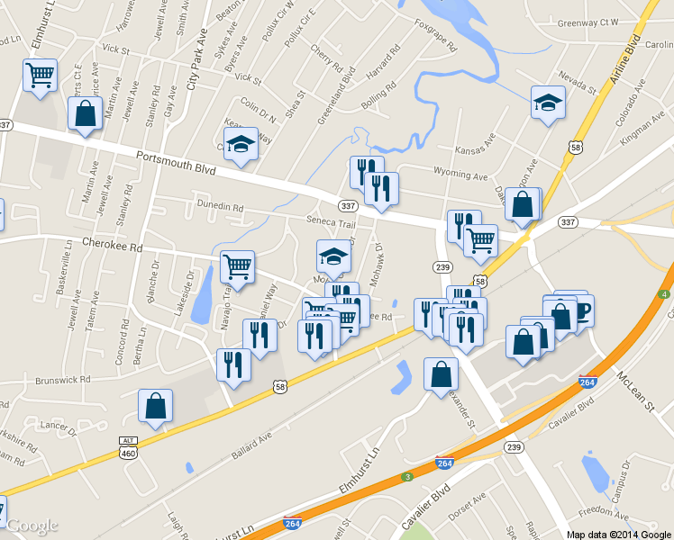 map of restaurants, bars, coffee shops, grocery stores, and more near 18 Chowan Drive in Portsmouth