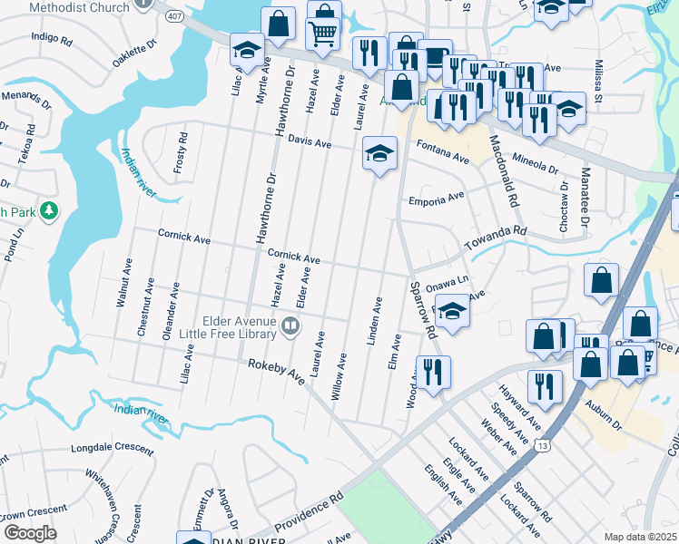 map of restaurants, bars, coffee shops, grocery stores, and more near 1402 Laurel Avenue in Chesapeake