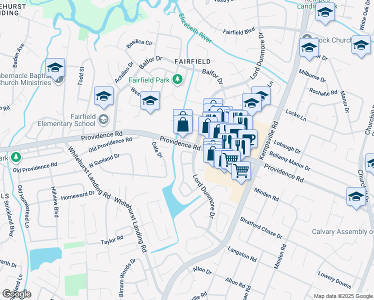 map of restaurants, bars, coffee shops, grocery stores, and more near 5301 Providence Road in Virginia Beach