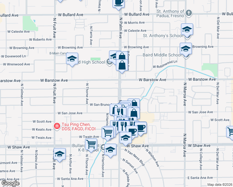 map of restaurants, bars, coffee shops, grocery stores, and more near 1069 West San Madele Avenue in Fresno