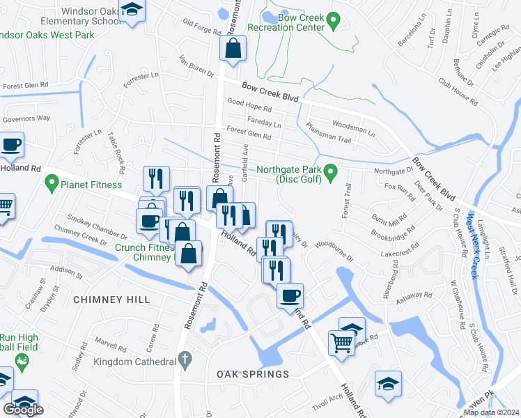 map of restaurants, bars, coffee shops, grocery stores, and more near 724 Roosevelt Avenue in Virginia Beach