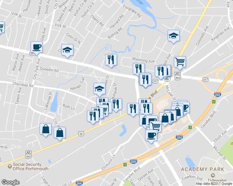 map of restaurants, bars, coffee shops, grocery stores, and more near 15 Mohawk Drive in Portsmouth