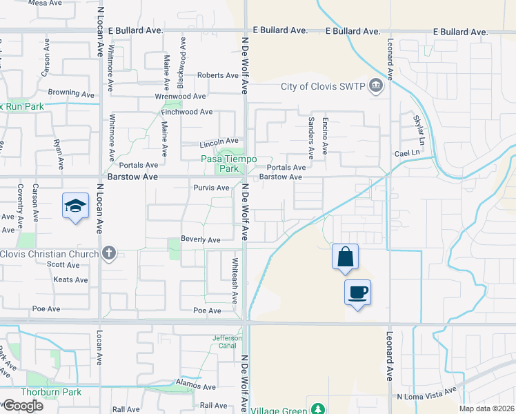 map of restaurants, bars, coffee shops, grocery stores, and more near 1301 North De Wolf Avenue in Clovis
