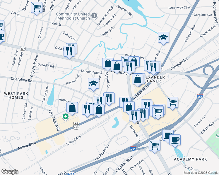 map of restaurants, bars, coffee shops, grocery stores, and more near 2604 Airline Boulevard in Portsmouth