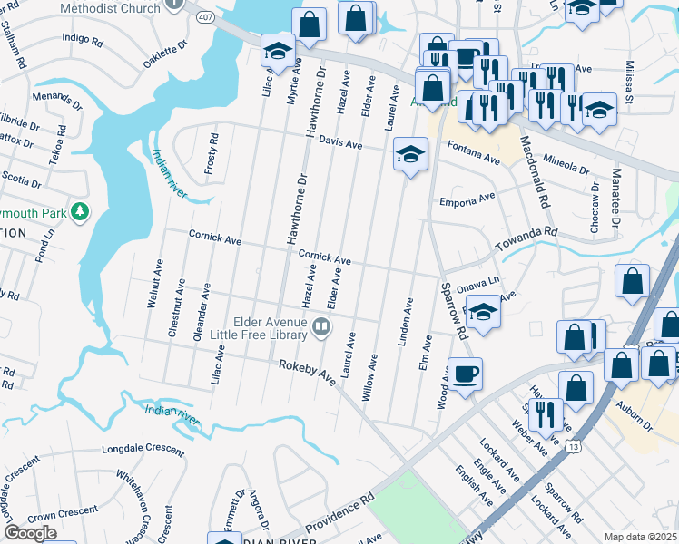 map of restaurants, bars, coffee shops, grocery stores, and more near 1404 Elder Avenue in Chesapeake
