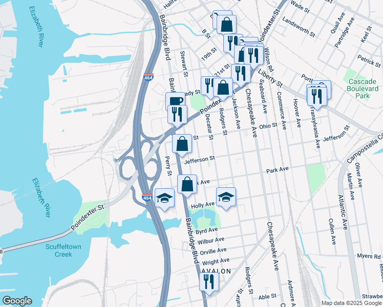 map of restaurants, bars, coffee shops, grocery stores, and more near 1227 Hull Street in Chesapeake