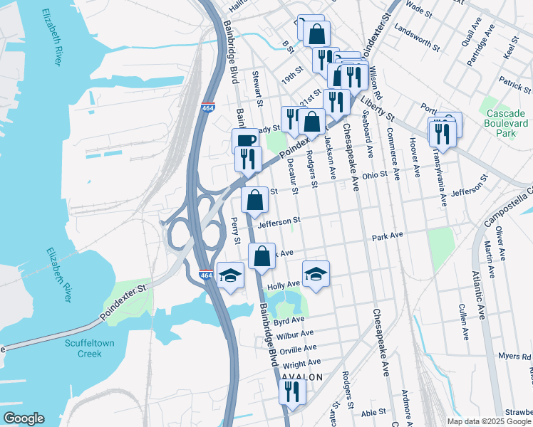 map of restaurants, bars, coffee shops, grocery stores, and more near 1227 Hull Street in Chesapeake