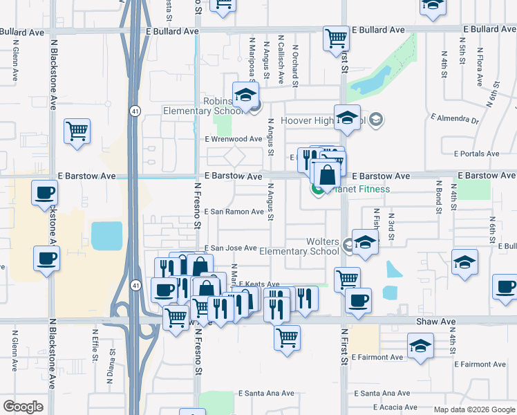 map of restaurants, bars, coffee shops, grocery stores, and more near 545 East San Madele Avenue in Fresno