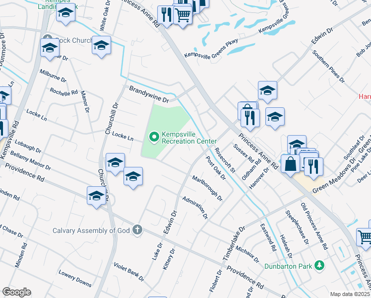 map of restaurants, bars, coffee shops, grocery stores, and more near 4790 Darby Court in Virginia Beach