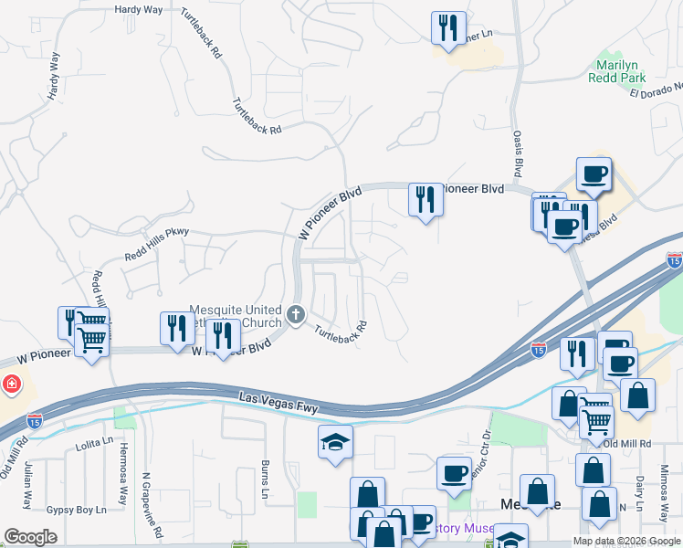 map of restaurants, bars, coffee shops, grocery stores, and more near 490 Canyon View Way in Mesquite