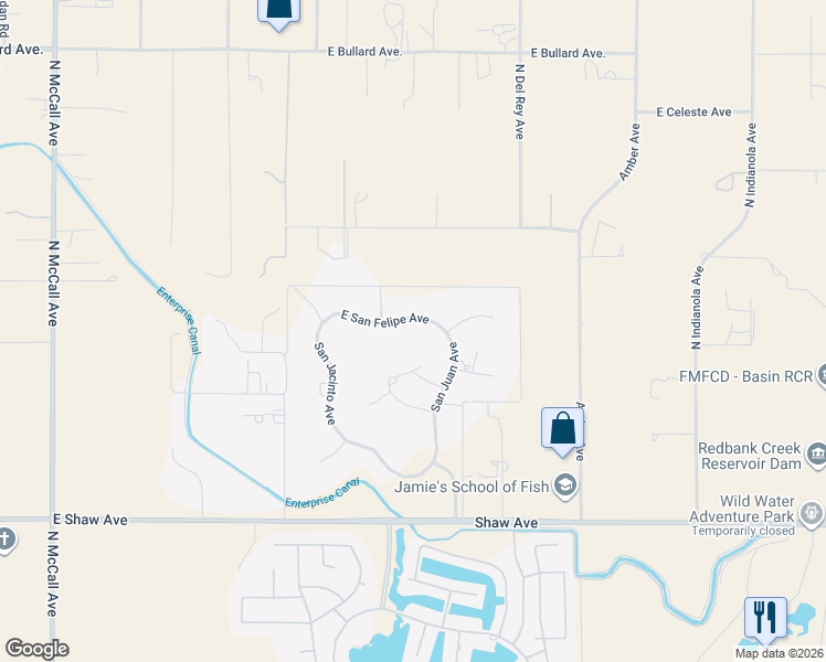 map of restaurants, bars, coffee shops, grocery stores, and more near 10751 East San Felipe Avenue in Clovis