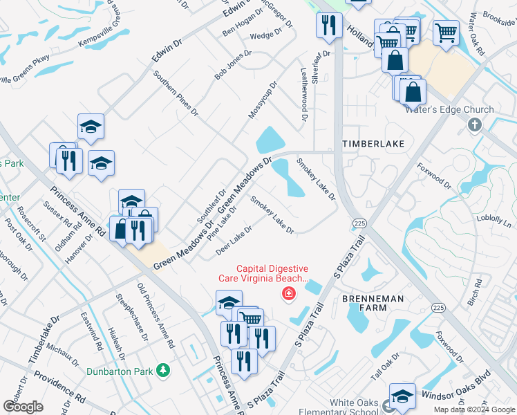 map of restaurants, bars, coffee shops, grocery stores, and more near 701 Cedar Lake Court in Virginia Beach