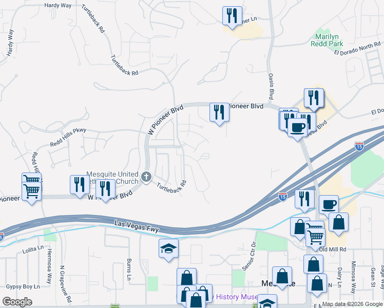 map of restaurants, bars, coffee shops, grocery stores, and more near 510 Turtleback Road in Mesquite