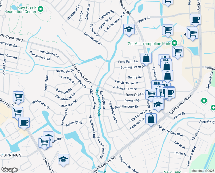 map of restaurants, bars, coffee shops, grocery stores, and more near 745 Lamplight Lane in Virginia Beach