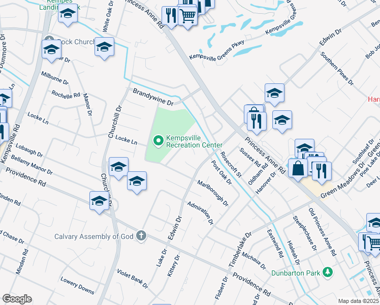 map of restaurants, bars, coffee shops, grocery stores, and more near 4790 Darby Court in Virginia Beach