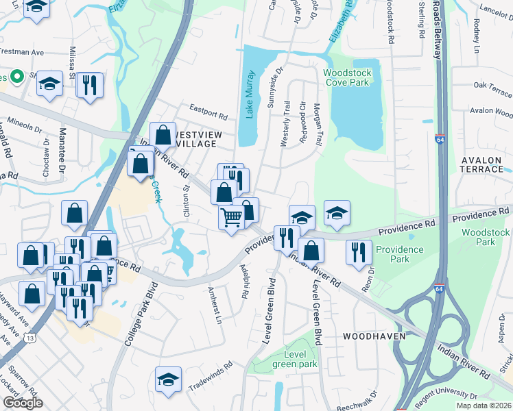 map of restaurants, bars, coffee shops, grocery stores, and more near 6116 Lexington Court in Virginia Beach