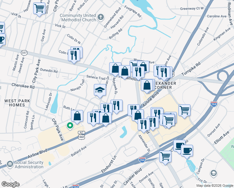 map of restaurants, bars, coffee shops, grocery stores, and more near 2604 Airline Boulevard in Portsmouth