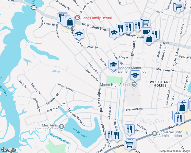 map of restaurants, bars, coffee shops, grocery stores, and more near 413 Mayflower Road in Portsmouth