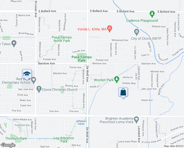 map of restaurants, bars, coffee shops, grocery stores, and more near 3423 Brimhall Lane in Clovis