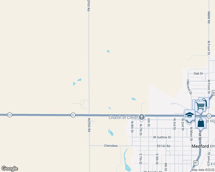 map of restaurants, bars, coffee shops, grocery stores, and more near 602 Oklahoma 11 in Medford