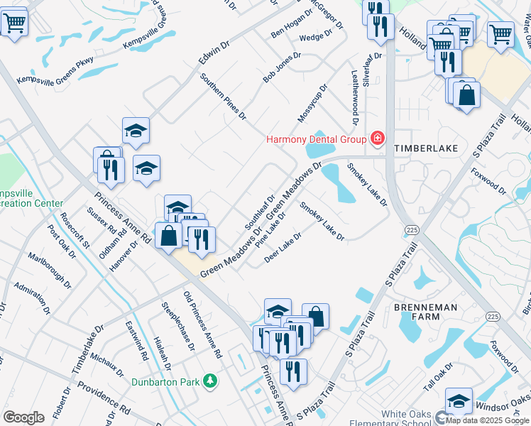 map of restaurants, bars, coffee shops, grocery stores, and more near 728 Southleaf Drive in Virginia Beach