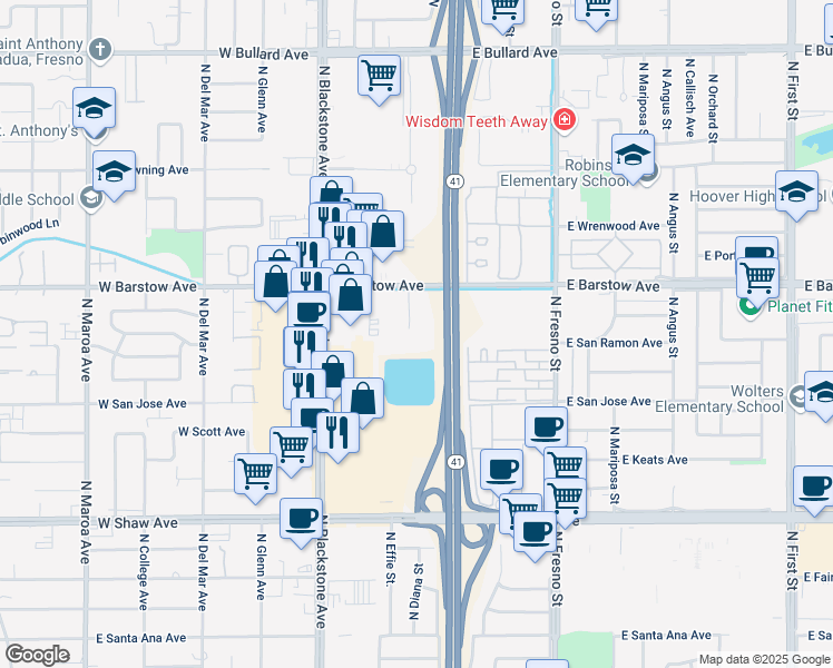 map of restaurants, bars, coffee shops, grocery stores, and more near 5322 North Diana Avenue in Fresno