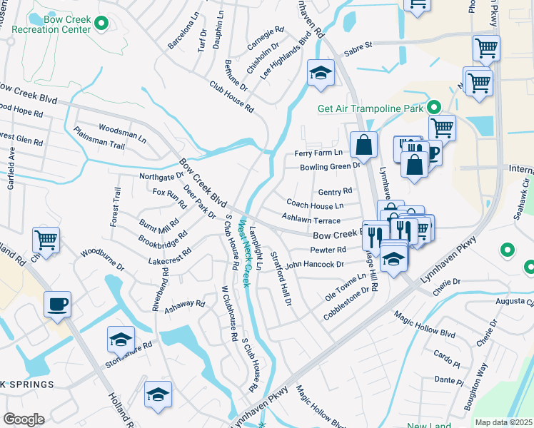 map of restaurants, bars, coffee shops, grocery stores, and more near 745 Lamplight Lane in Virginia Beach