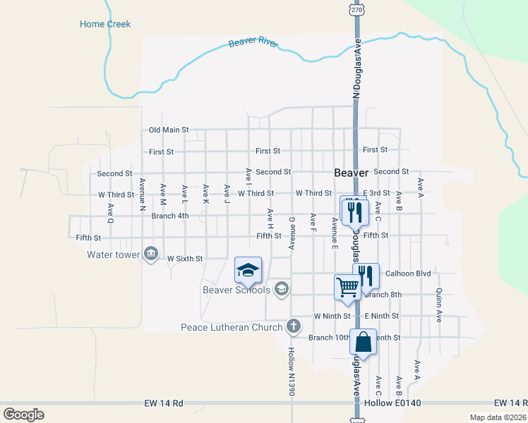 map of restaurants, bars, coffee shops, grocery stores, and more near 1224 Avenue C in Beaver