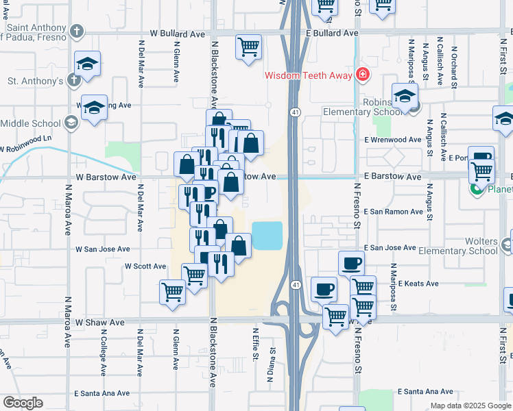 map of restaurants, bars, coffee shops, grocery stores, and more near 5351 North Diana Street in Fresno