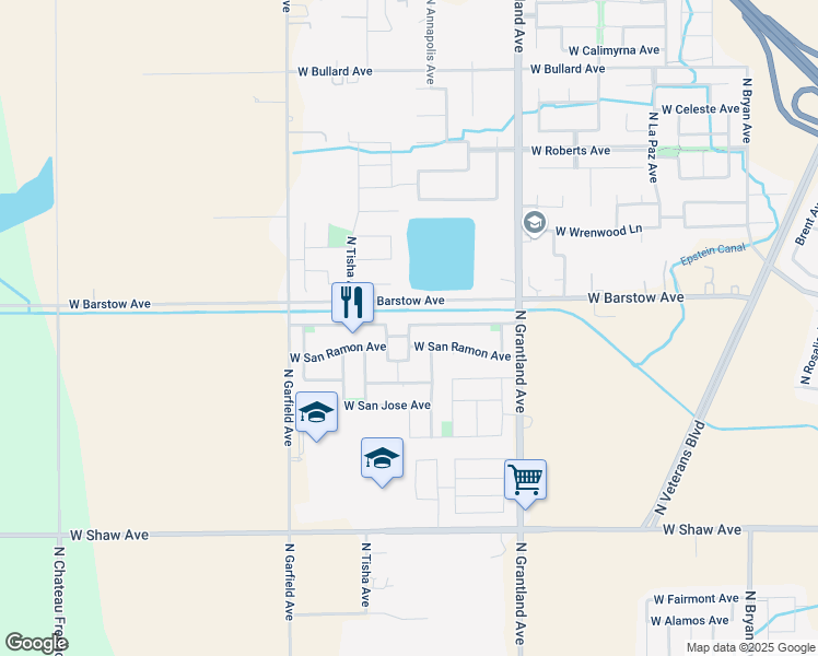 map of restaurants, bars, coffee shops, grocery stores, and more near 5366 North San Clemente Avenue in Fresno