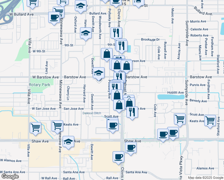 map of restaurants, bars, coffee shops, grocery stores, and more near 1331 Pollasky Avenue in Clovis