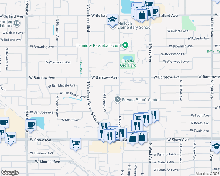 map of restaurants, bars, coffee shops, grocery stores, and more near 5333 North Parrish Way in Fresno