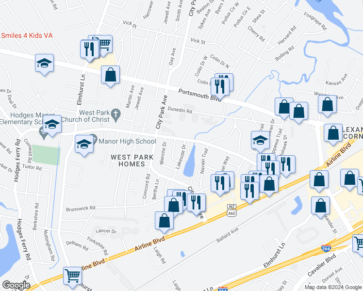 map of restaurants, bars, coffee shops, grocery stores, and more near 202 Lakeside Drive in Portsmouth
