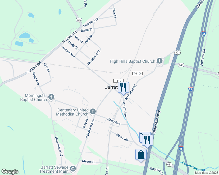 map of restaurants, bars, coffee shops, grocery stores, and more near 205 Jarratt Avenue in Jarratt