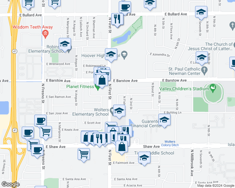 map of restaurants, bars, coffee shops, grocery stores, and more near 1052 East San Ramon Avenue in Fresno