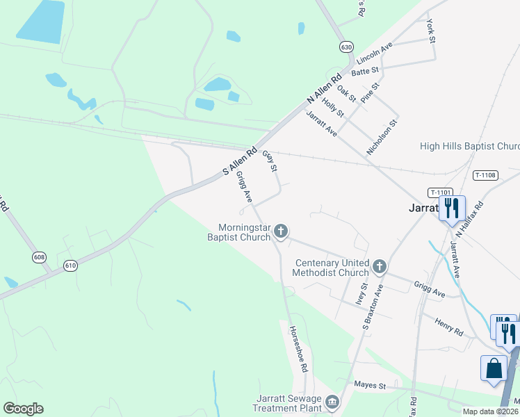 map of restaurants, bars, coffee shops, grocery stores, and more near 300 Gray Street in Jarratt