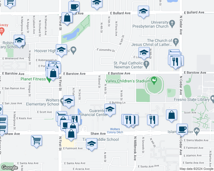 map of restaurants, bars, coffee shops, grocery stores, and more near 1308 East San Ramon Avenue in Fresno
