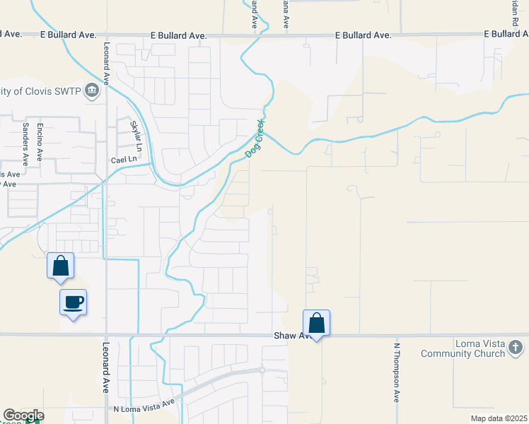 map of restaurants, bars, coffee shops, grocery stores, and more near 5389 North Highland Avenue in Clovis