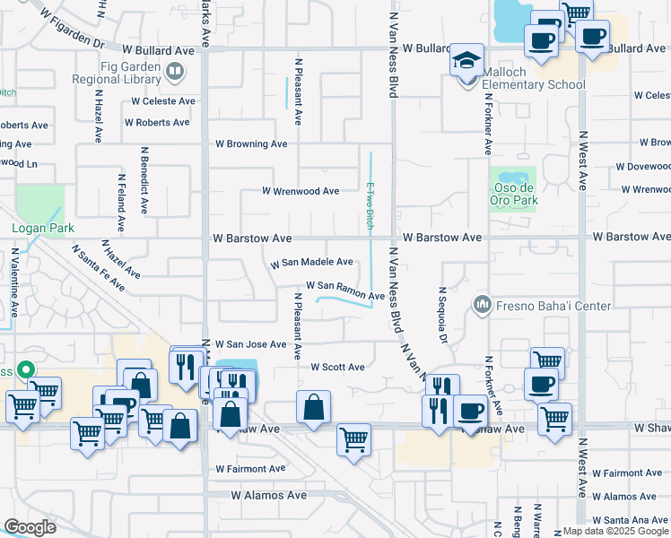 map of restaurants, bars, coffee shops, grocery stores, and more near 2527 West San Madele Avenue in Fresno