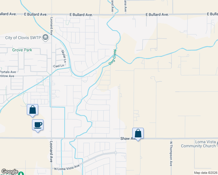 map of restaurants, bars, coffee shops, grocery stores, and more near 5389 North Highland Avenue in Clovis